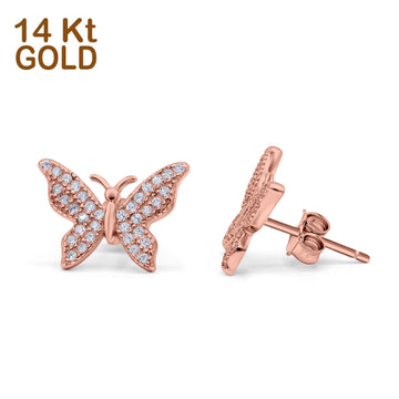 14K Rose Gold Butterfly Stud Earrings Simulated Cubic Zirconia (14mm)